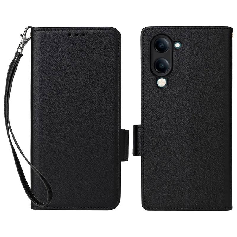 For vivo Y04 4G / Y29s 5G Case with Wrist Strap Litchi Texture PU Leather Wallet Phone Cover - Black