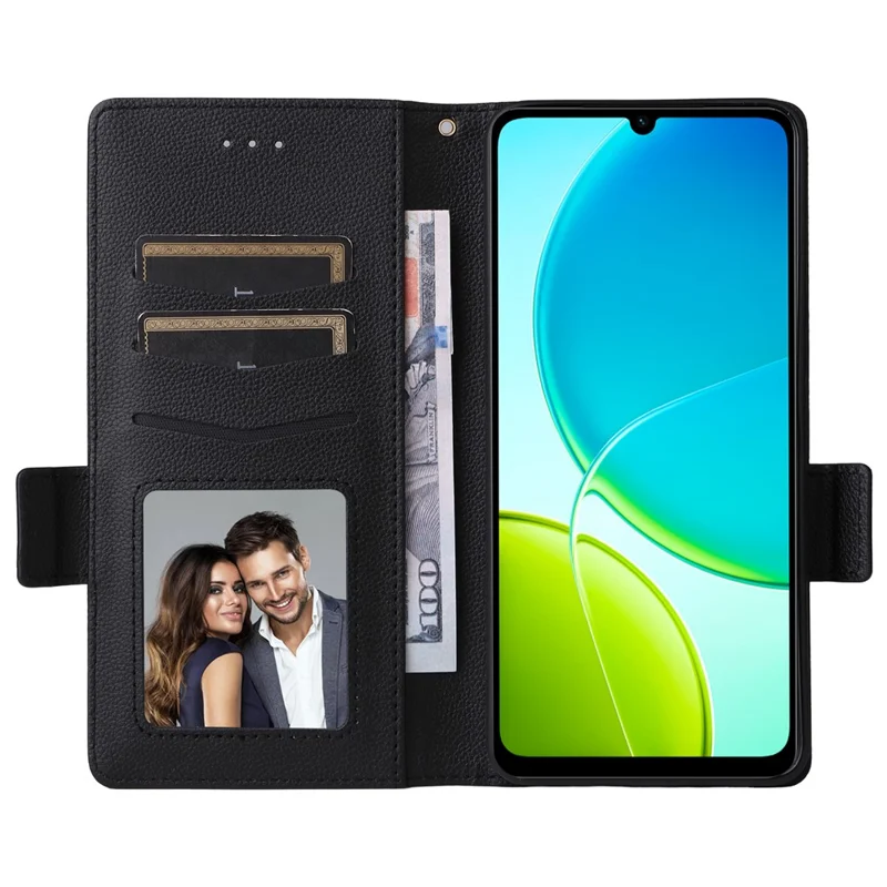 For vivo Y04 4G / Y29s 5G Case with Wrist Strap Litchi Texture PU Leather Wallet Phone Cover - Black