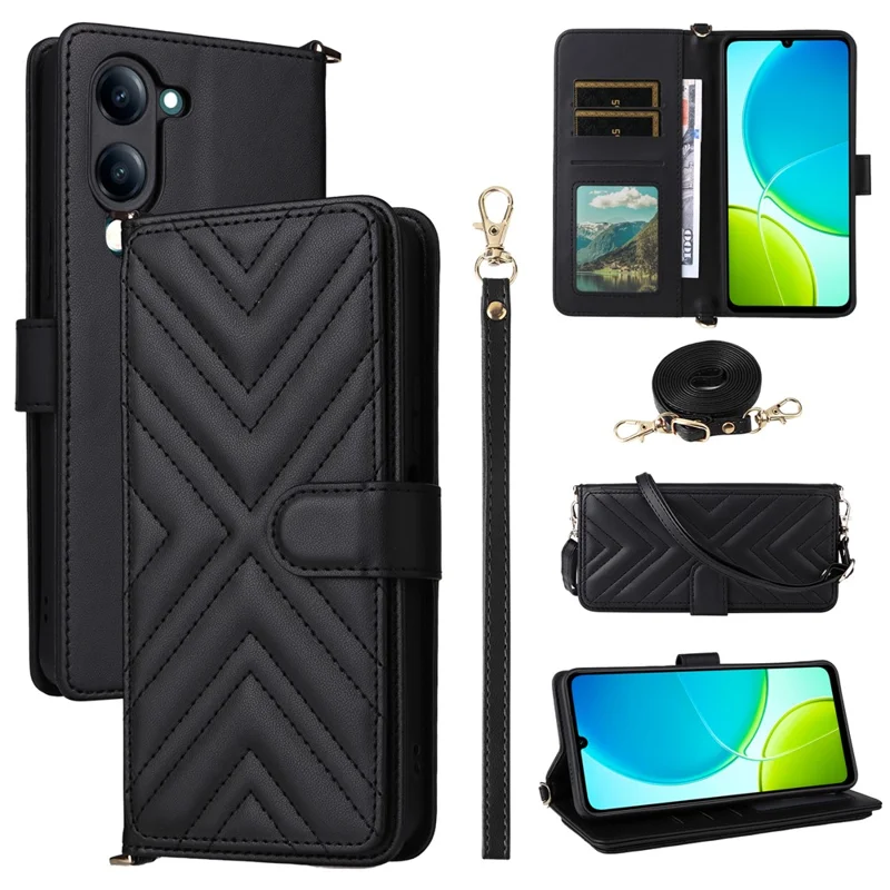 Étui pour vivo Y04 4G / Y29s 5G avec Bandoulière Portefeuille en Cuir pour Téléphone - Noir