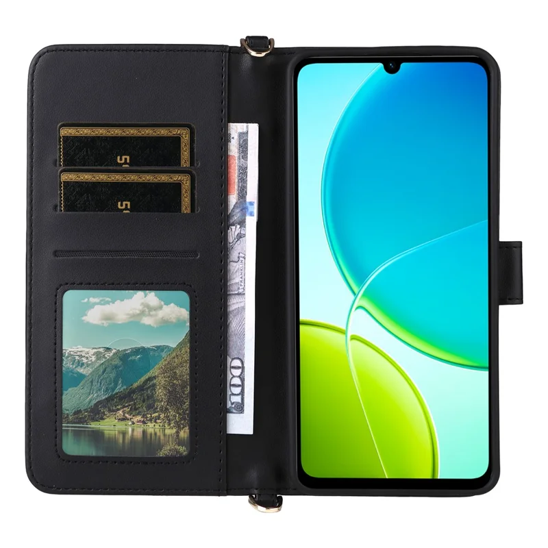 Étui pour vivo Y04 4G / Y29s 5G avec Bandoulière Portefeuille en Cuir pour Téléphone - Noir