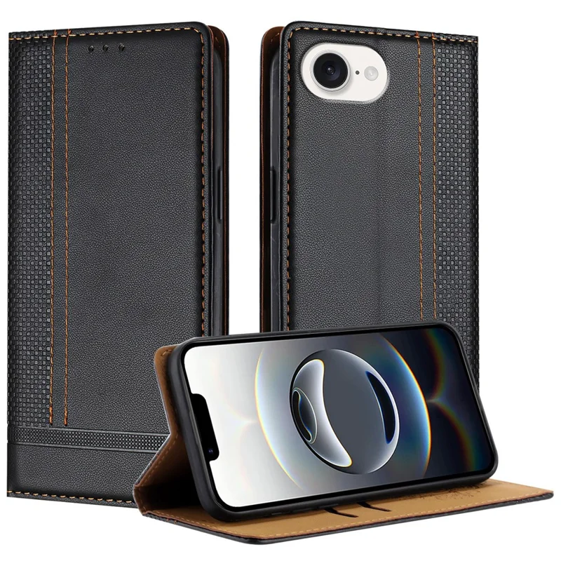 For iPhone 16e Case L-Shaped Grid Pattern Leather Stand Phone Cover with Card Slots - Black