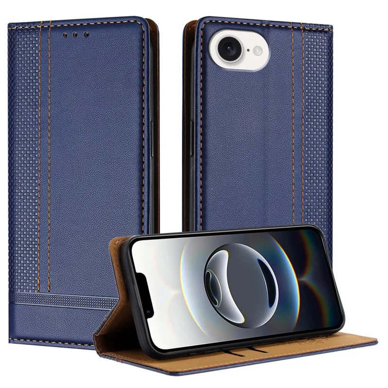For iPhone 17e / 16e Case L-Shaped Grid Pattern Leather Stand Phone Cover with Card Slots - Blue