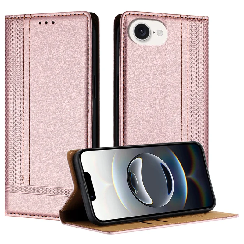 Funda para iPhone 16e con Patrón de Rejilla en Forma de L, Cierre Magnético, Cubierta de Teléfono de Cuero Brillante con Ranuras para Tarjetas - Oro Rosa