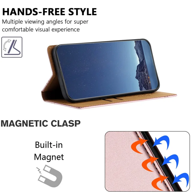 Funda para iPhone 16e con Patrón de Rejilla en Forma de L, Cierre Magnético, Cubierta de Teléfono de Cuero Brillante con Ranuras para Tarjetas - Oro Rosa