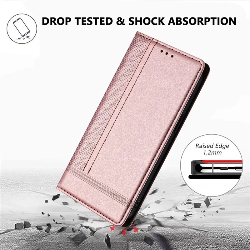 Funda para iPhone 16e con Patrón de Rejilla en Forma de L, Cierre Magnético, Cubierta de Teléfono de Cuero Brillante con Ranuras para Tarjetas - Oro Rosa