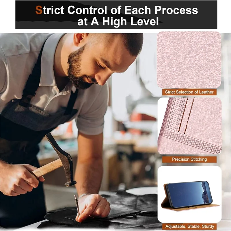 Funda para iPhone 16e con Patrón de Rejilla en Forma de L, Cierre Magnético, Cubierta de Teléfono de Cuero Brillante con Ranuras para Tarjetas - Oro Rosa
