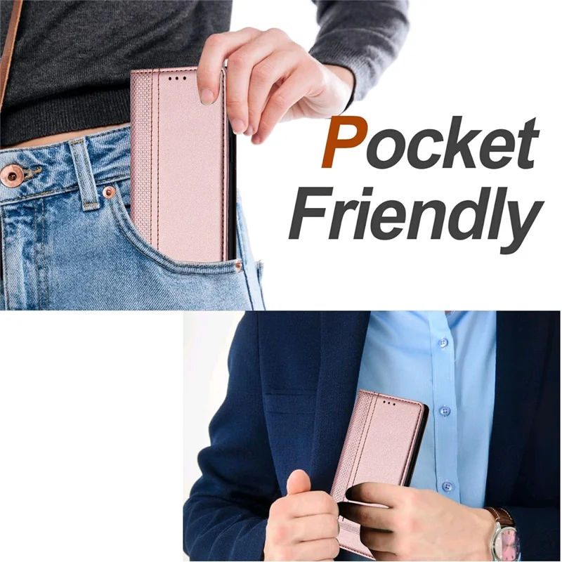 Funda para iPhone 16e con Patrón de Rejilla en Forma de L, Cierre Magnético, Cubierta de Teléfono de Cuero Brillante con Ranuras para Tarjetas - Oro Rosa