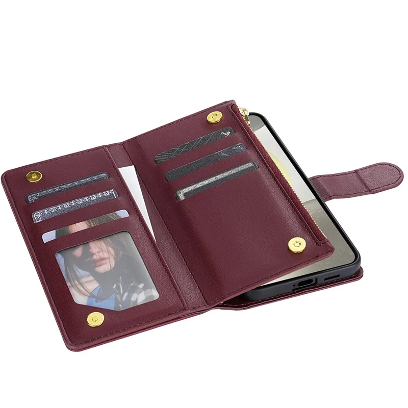 For Samsung Galaxy S25 Edge Case Rhombus Stitching Leather Wallet Phone Cover with Long  /  Short Strap - Wine Red