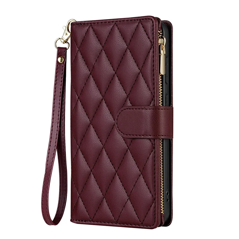 For Samsung Galaxy S25 Edge Case Rhombus Stitching Leather Wallet Phone Cover with Long  /  Short Strap - Wine Red