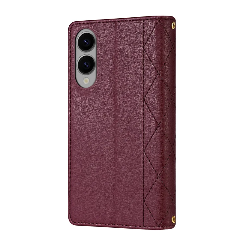 For Samsung Galaxy S25 Edge Case Rhombus Stitching Leather Wallet Phone Cover with Long  /  Short Strap - Wine Red