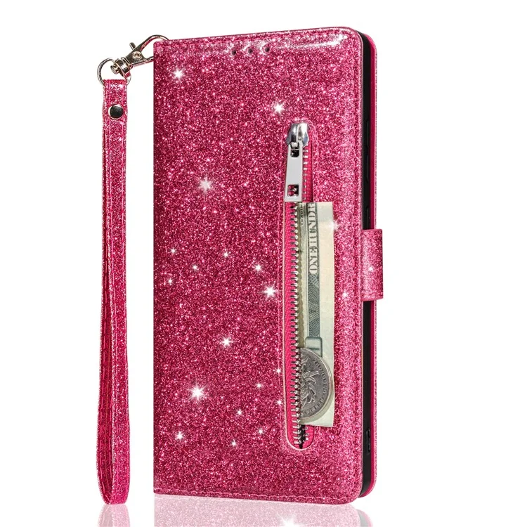 For Samsung Galaxy S25 Edge Stand Case Glitter Phone Leather Cover Zipper Pocket - Rose