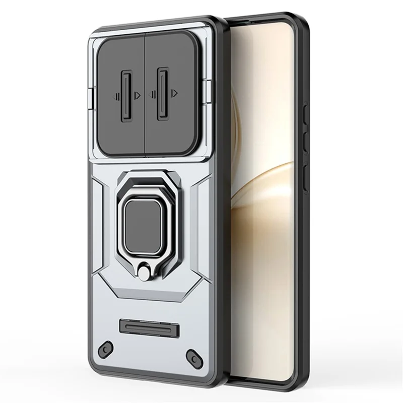 Voor Realme 14 Pro 5G hoesje PC + TPU met draaibare standaard en lensdeksel - Grijs