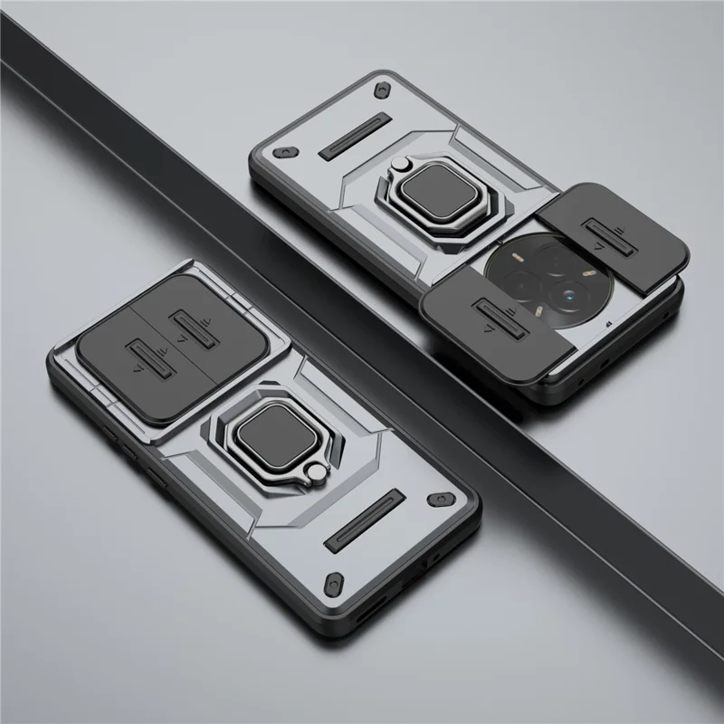 Voor Realme 14 Pro 5G hoesje PC + TPU met draaibare standaard en lensdeksel - Grijs