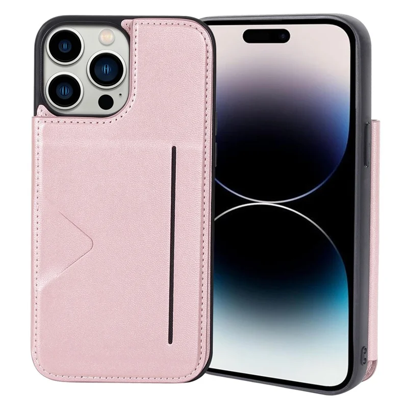 HANMAN Mika Series Card Holder Case for iPhone 14 Pro, PU Leather Coated TPU Shockproof Phone Cover - Rose Gold