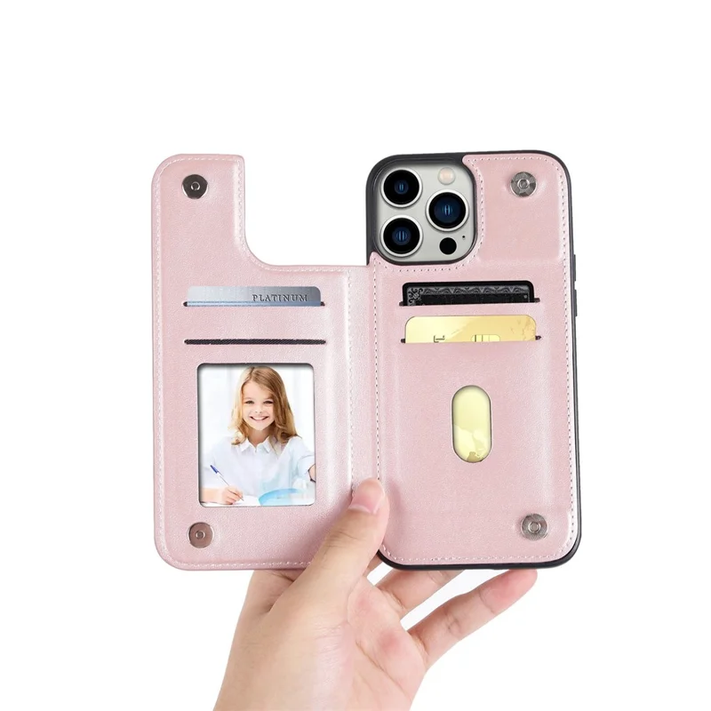 HANMAN Mika Series Card Holder Case for iPhone 14 Pro, PU Leather Coated TPU Shockproof Phone Cover - Rose Gold