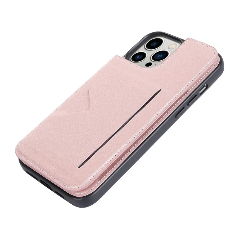 HANMAN Mika Series Card Holder Case for iPhone 14 Pro, PU Leather Coated TPU Shockproof Phone Cover - Rose Gold