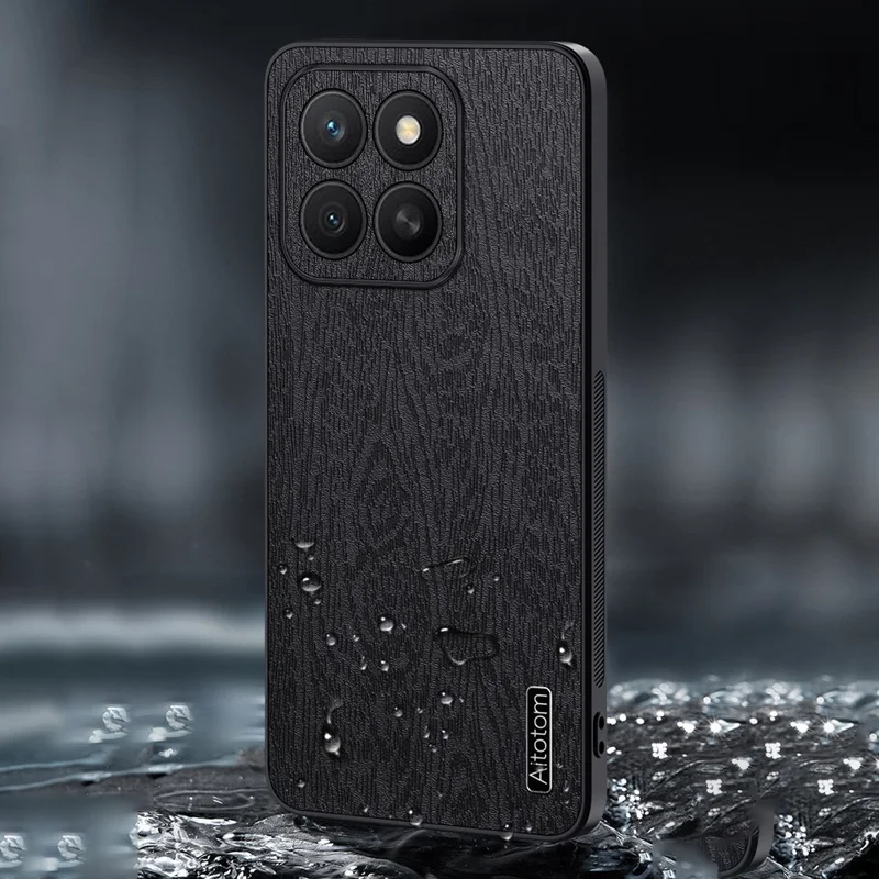 Voor Honor X8c 4G hoesje houtnerf PU leer coating PC TPU telefoonhoes - Zwart