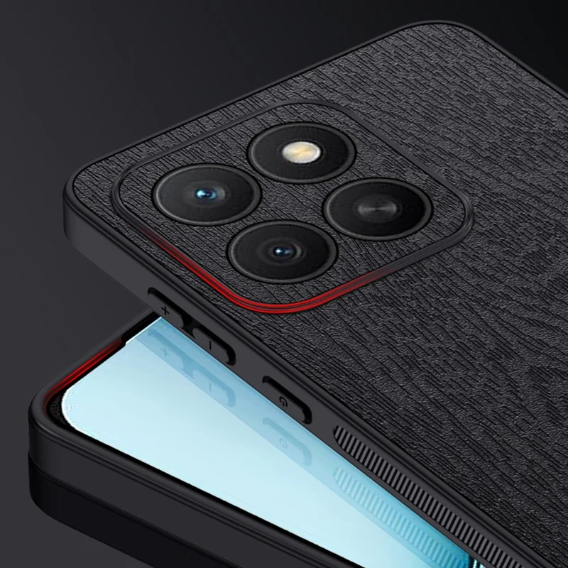 Voor Honor X8c 4G hoesje houtnerf PU leer coating PC TPU telefoonhoes - Zwart