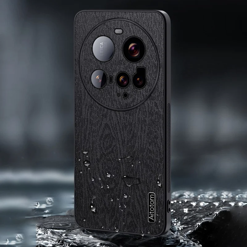 For Xiaomi 15 Ultra Case Wood Texture PU Leather Coated PC TPU Phone Cover - Black