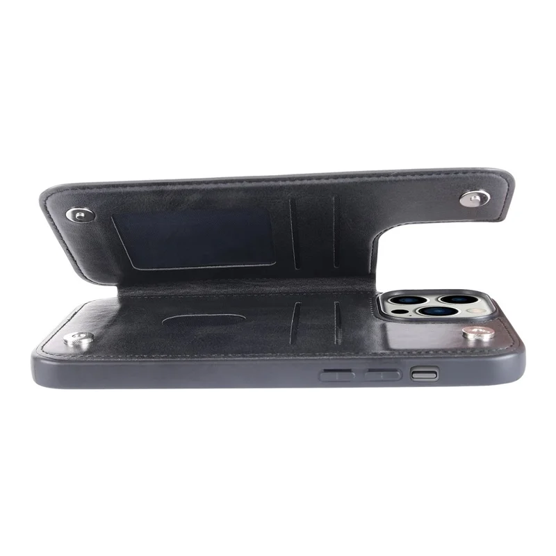 HANMAN Mika Series Per iPhone 14 Pro Max Portafoglio Magnetico Button Phone Case PU Leather Coated TPU Cover - Nero
