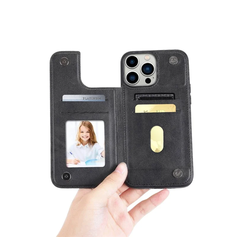 HANMAN Mika Series Per iPhone 14 Pro Max Portafoglio Magnetico Button Phone Case PU Leather Coated TPU Cover - Nero