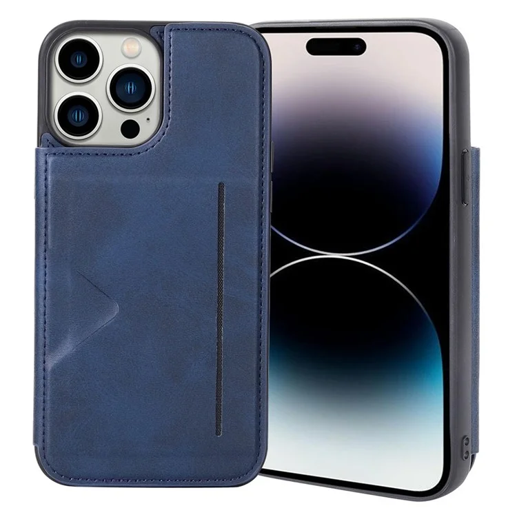 HANMAN Mika Series For iPhone 14 Pro Max Card Holder Magnetic Button Phone Case PU Leather Coated TPU Cover - Blue