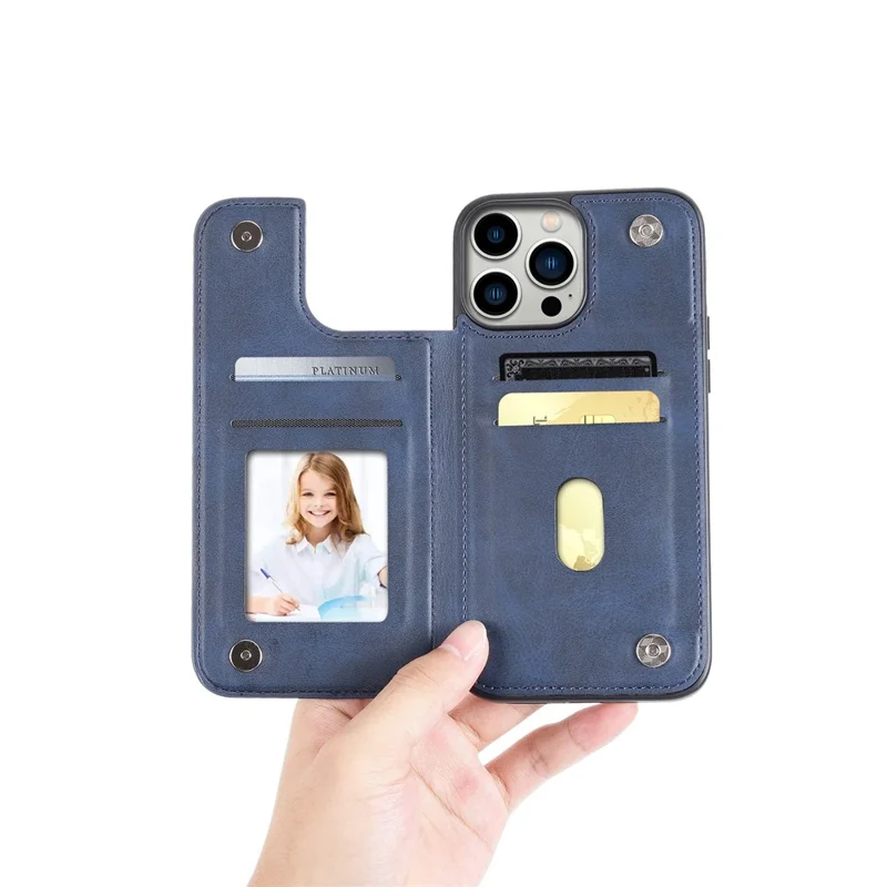 HANMAN Mika Series For iPhone 14 Pro Max Card Holder Magnetic Button Phone Case PU Leather Coated TPU Cover - Blue