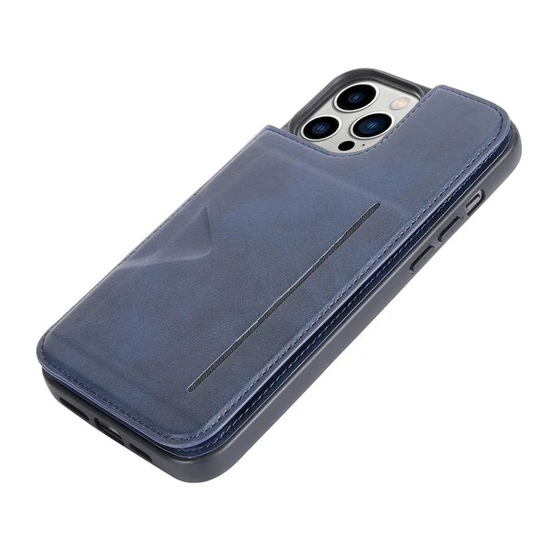 HANMAN Mika Series For iPhone 14 Pro Max Card Holder Magnetic Button Phone Case PU Leather Coated TPU Cover - Blue