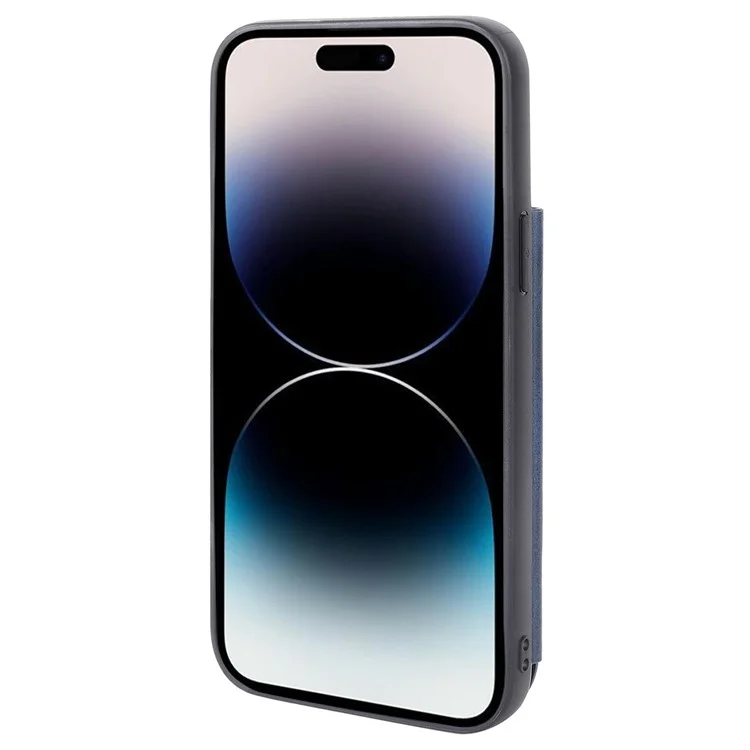 HANMAN Mika Series For iPhone 14 Pro Max Card Holder Magnetic Button Phone Case PU Leather Coated TPU Cover - Blue