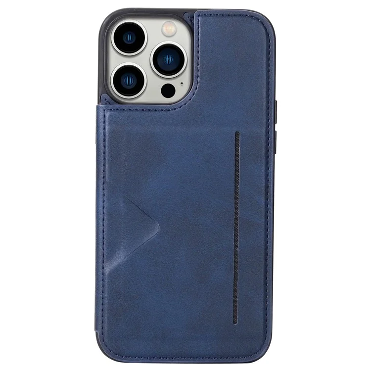 HANMAN Mika Series For iPhone 14 Pro Max Card Holder Magnetic Button Phone Case PU Leather Coated TPU Cover - Blue
