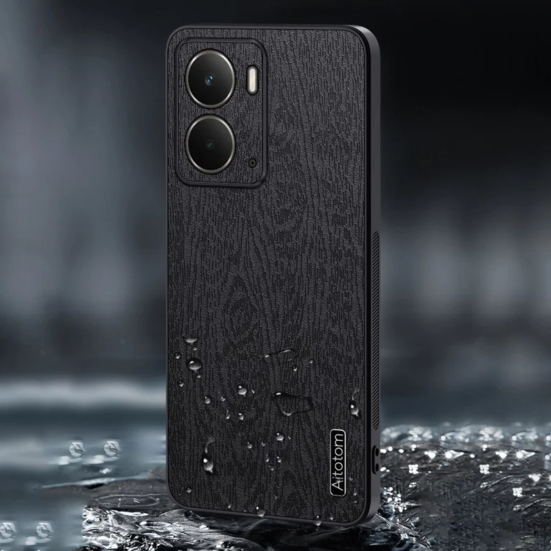 For Realme Neo7x 5G Case Wood Texture PU Leather Coated PC TPU Phone Cover - Black