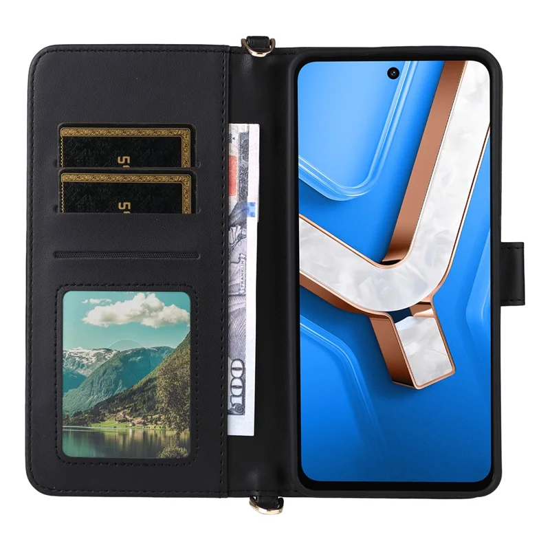 Чехол для vivo Y29 4G / T4x 5G с ремешком через плечо и кошельком из кожи - Черный