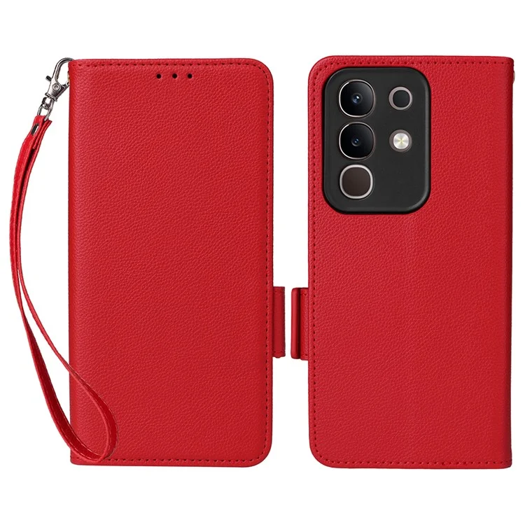 For vivo Y29 4G / T4x 5G Case with Wrist Strap Litchi Texture PU Leather Wallet Phone Cover - Red