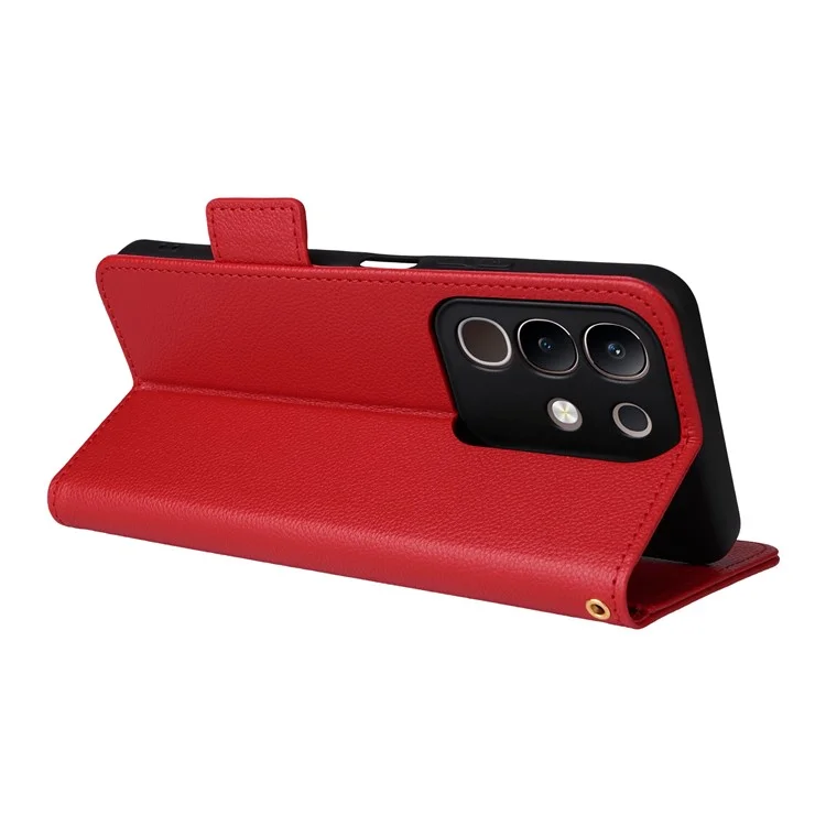 For vivo Y29 4G / T4x 5G Case with Wrist Strap Litchi Texture PU Leather Wallet Phone Cover - Red