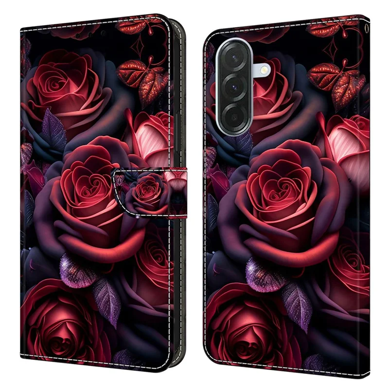 For Samsung Galaxy A36 5G Wallet Case Pattern Printing Stand Leather Flip Phone Cover - Black Rose