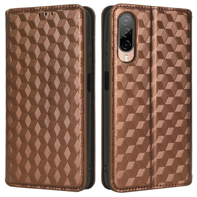 Custodia Per Telefono-shock Per HTC Desire 22 Pro 5G, Supporto Per Chiusura Automatica Magnetica Exprinted Rhombus Pattern Anti-drop Wallet Cover PU Leather Shelch Pelle Shell - Marrone