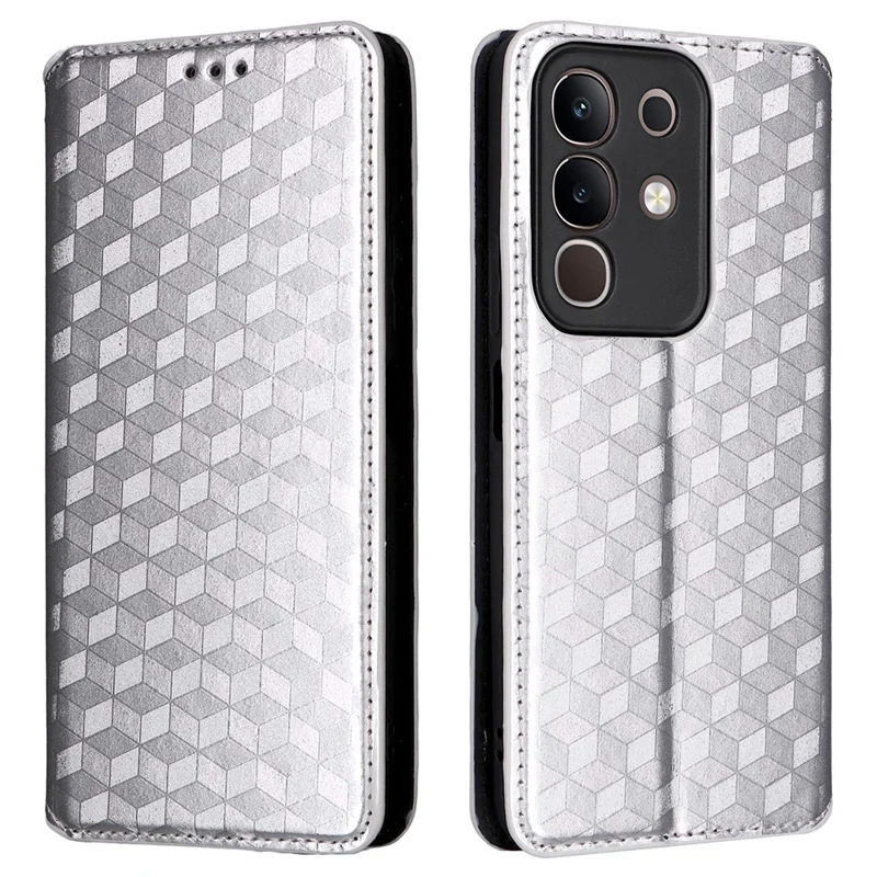 For vivo Y29 4G / T4x 5G Case Wallet Rhombus Imprinted Leather Phone Cover - Silver