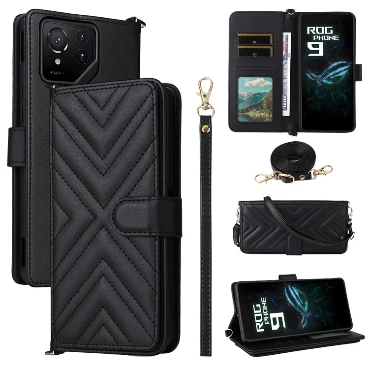 Funda de cuero para Asus ROG Phone 9 5G / Phone 9 Pro 5G con correa para el hombro y cartera - Negro