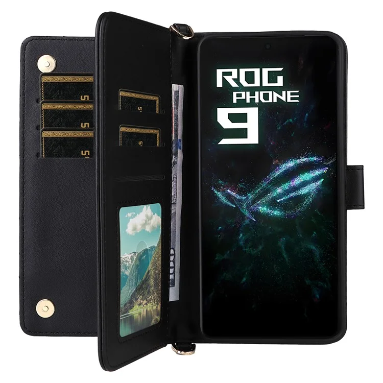 Funda de cuero para Asus ROG Phone 9 5G / Phone 9 Pro 5G con correa para el hombro y cartera - Negro