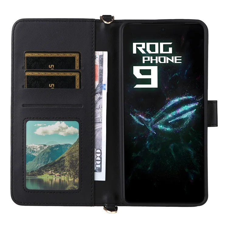 Funda de cuero para Asus ROG Phone 9 5G / Phone 9 Pro 5G con correa para el hombro y cartera - Negro