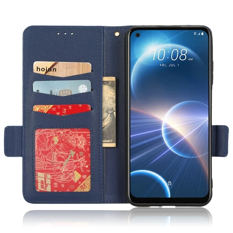 Cell Phone Case For HTC Desire 22 Pro 5G, Litchi Texture Stand Wallet Phone Cover PU Leather Dual Magnetic Clasp Shell - Dark Blue