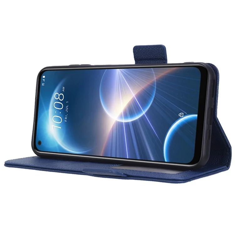 Cell Phone Case For HTC Desire 22 Pro 5G, Litchi Texture Stand Wallet Phone Cover PU Leather Dual Magnetic Clasp Shell - Dark Blue