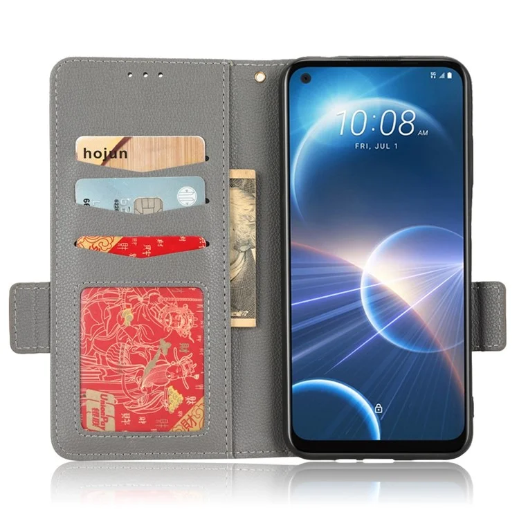 Cell Phone Case For HTC Desire 22 Pro 5G, Litchi Texture Stand Wallet Phone Cover PU Leather Dual Magnetic Clasp Shell - Grey