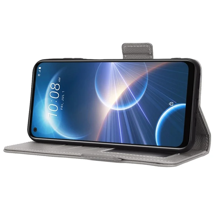 Cell Phone Case For HTC Desire 22 Pro 5G, Litchi Texture Stand Wallet Phone Cover PU Leather Dual Magnetic Clasp Shell - Grey