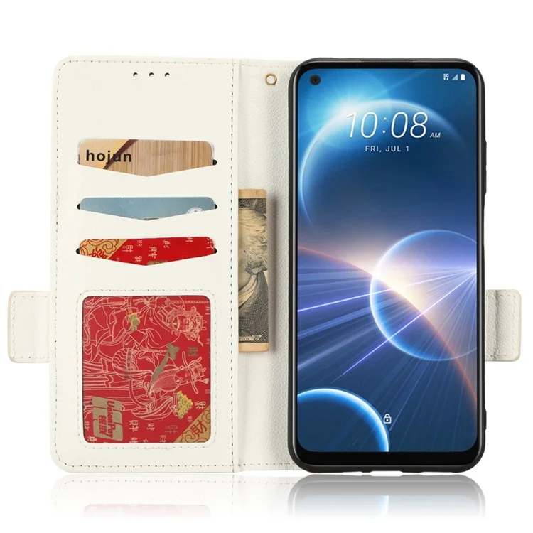 Cell Phone Case For HTC Desire 22 Pro 5G, Litchi Texture Stand Wallet Phone Cover PU Leather Dual Magnetic Clasp Shell - White