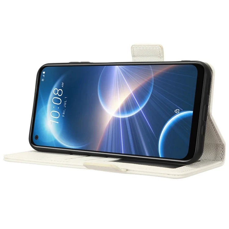 Cell Phone Case For HTC Desire 22 Pro 5G, Litchi Texture Stand Wallet Phone Cover PU Leather Dual Magnetic Clasp Shell - White