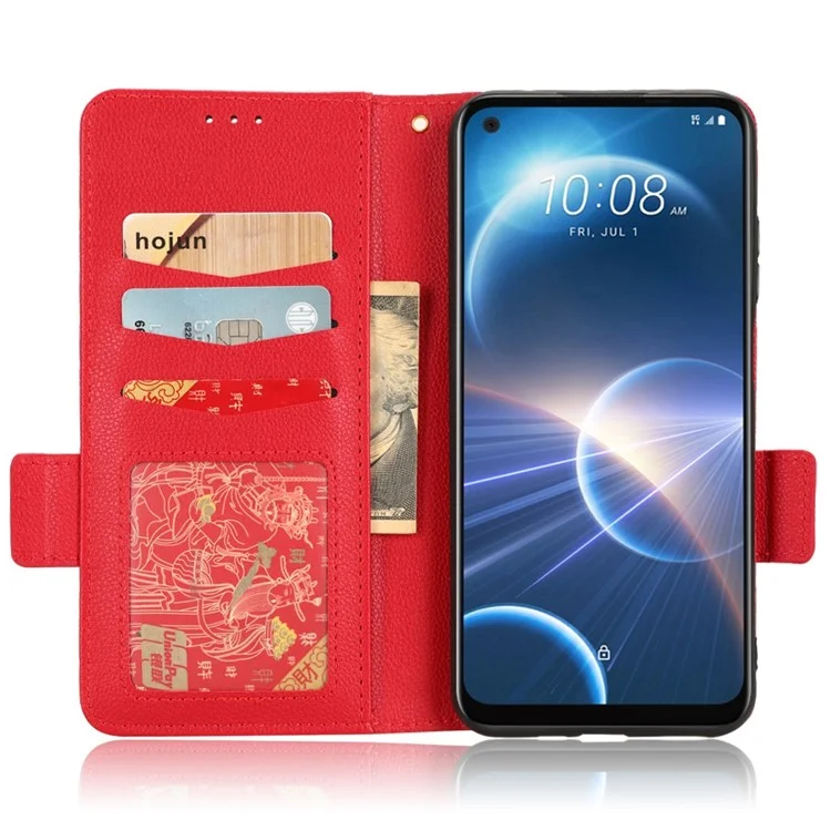 Cell Phone Case For HTC Desire 22 Pro 5G, Litchi Texture Stand Wallet Phone Cover PU Leather Dual Magnetic Clasp Shell - Red