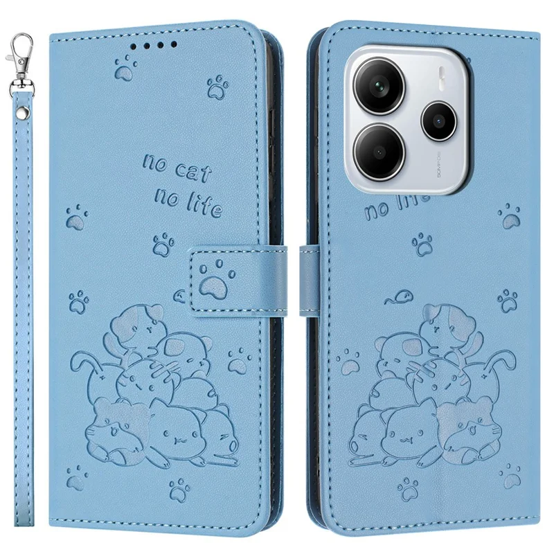 Wallet Case for Xiaomi Redmi Note 14 4G (164.84mm) Cats Imprint Leather Phone Cover with Strap - Blue