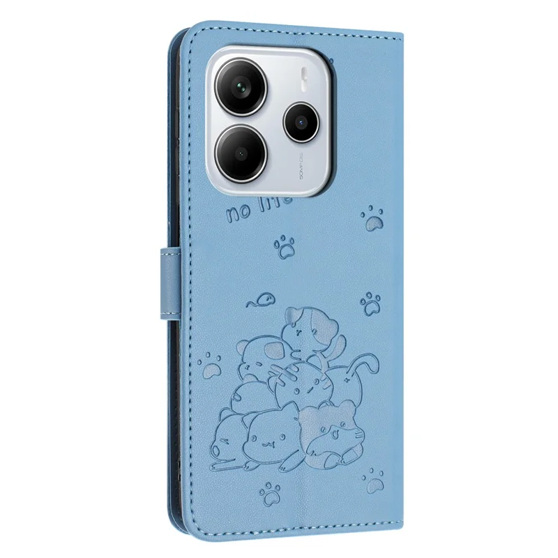 Wallet Case for Xiaomi Redmi Note 14 4G (164.84mm) Cats Imprint Leather Phone Cover with Strap - Blue