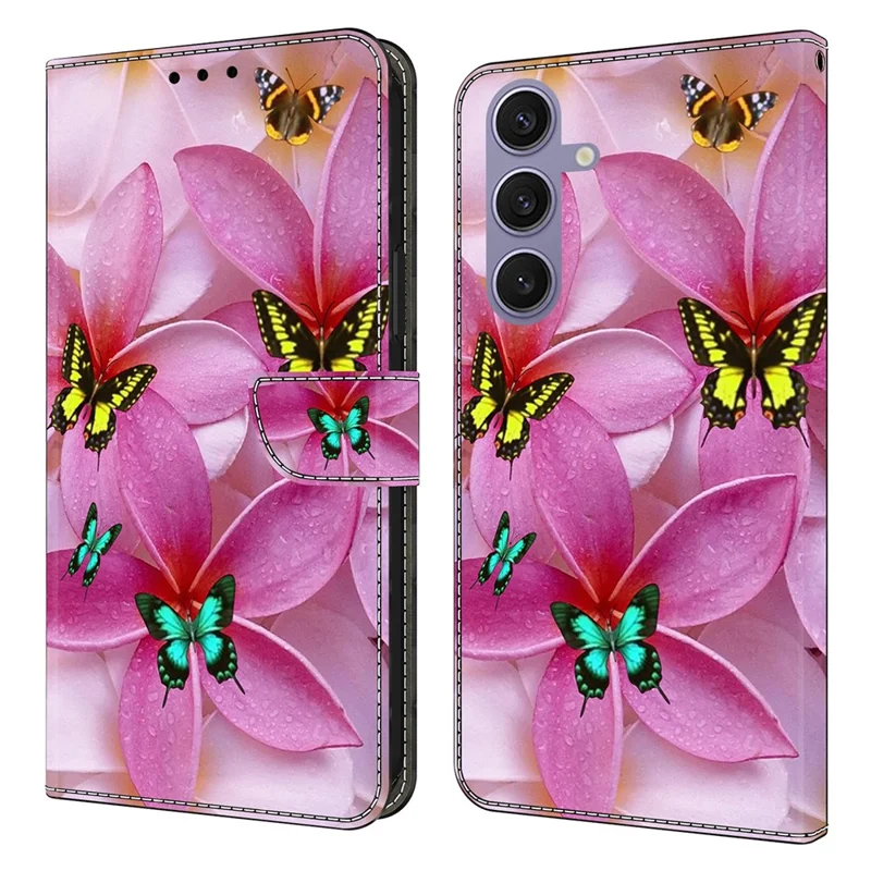 For Samsung Galaxy S25+ Wallet Case Pattern Printing Stand Leather Flip Phone Cover - Pink Floral Butterfly